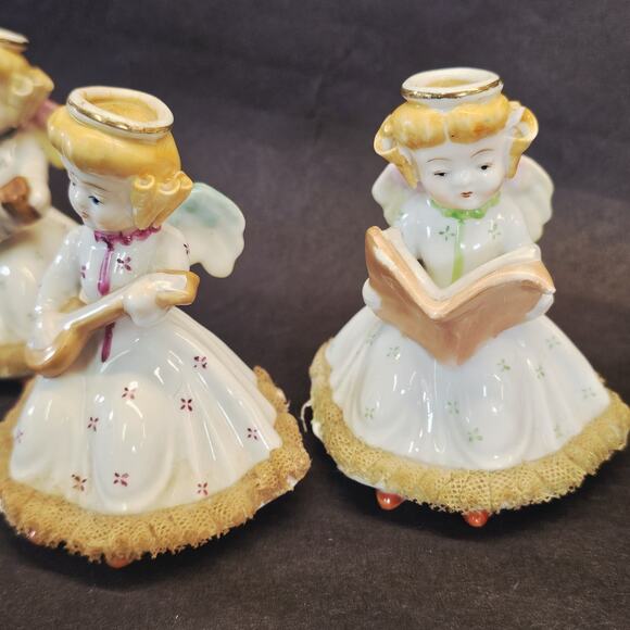 3 Vintage Christmas Angels Figurines Instruments Ucagco Japan Netting Trim - Picture 3 of 13
